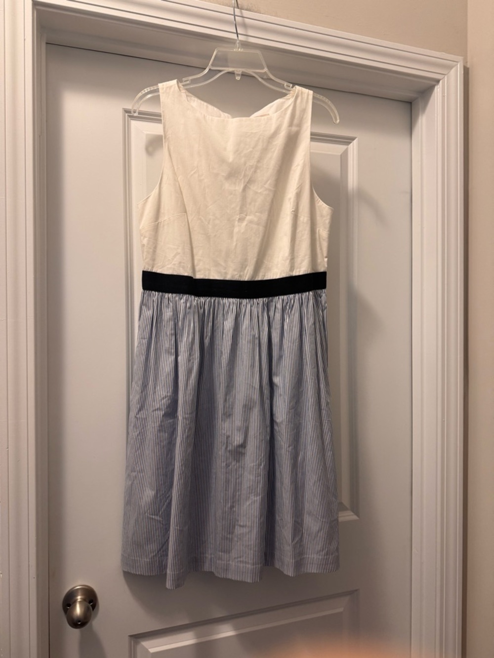 LOFT White Bodice Blue Pinstripe Skirt Dress with Black Waistband